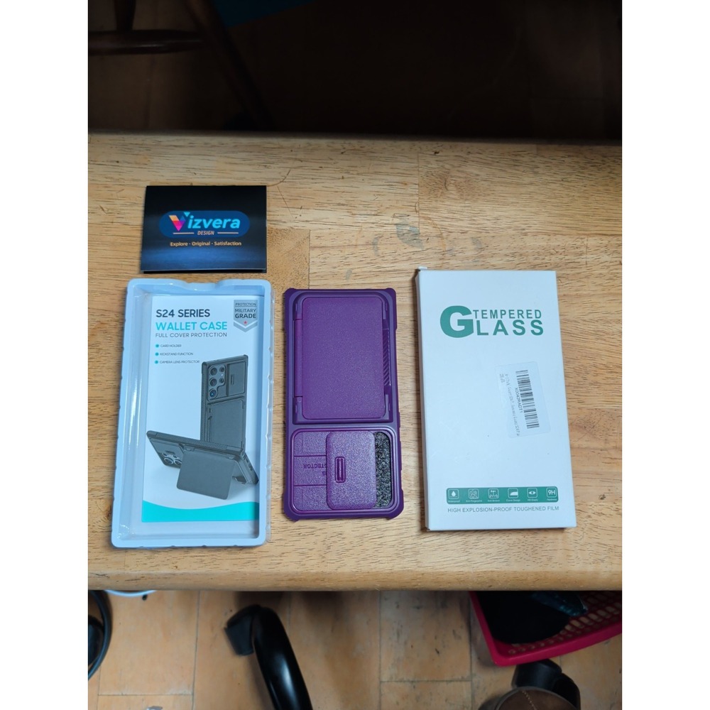 Purple Wallet Case + Tempered Glass Screen Protector 4 Pack Galaxy S24 Plus
